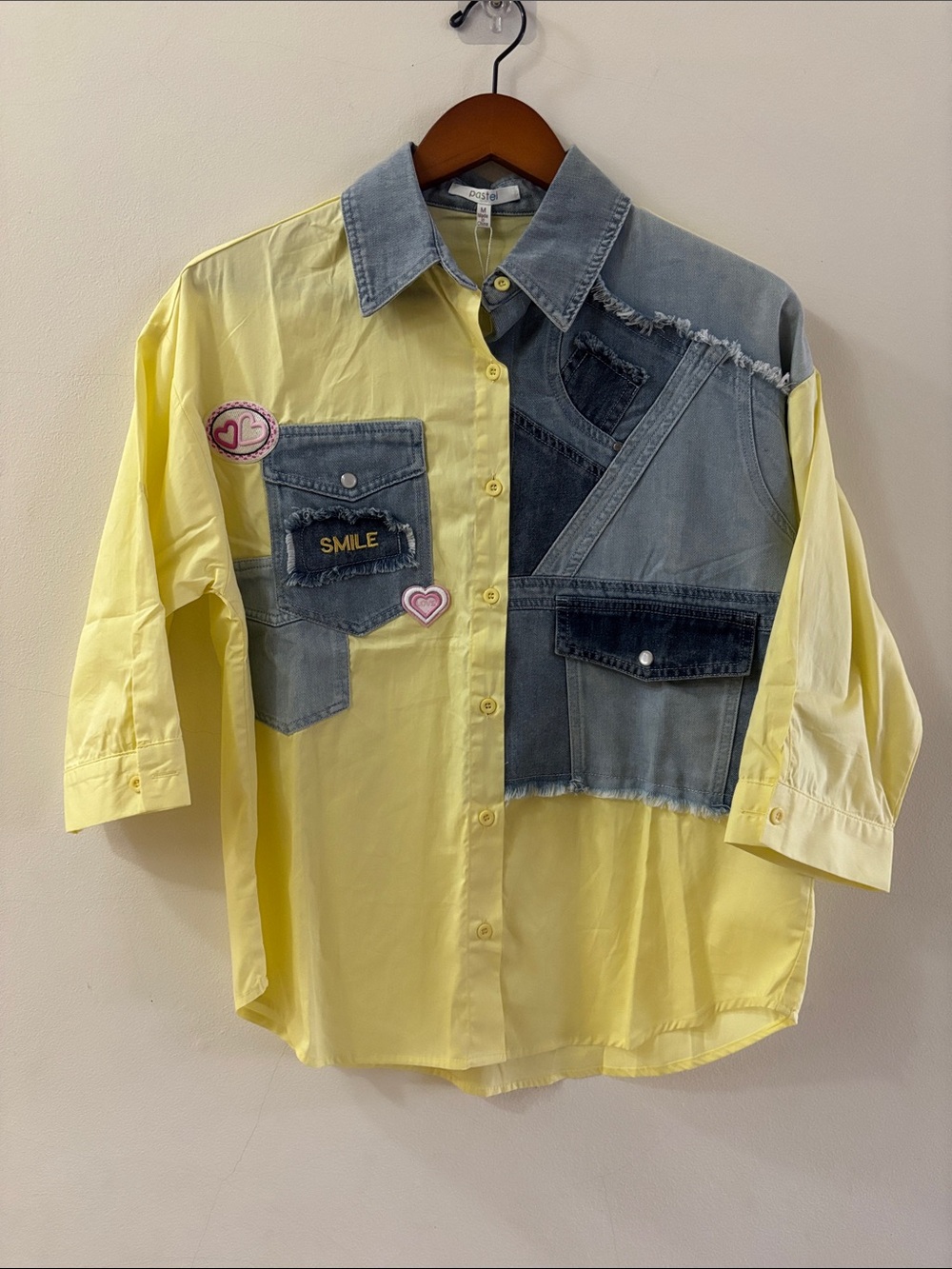 Pastels Yellow and Denim Patchwork Button-Up Shirt
